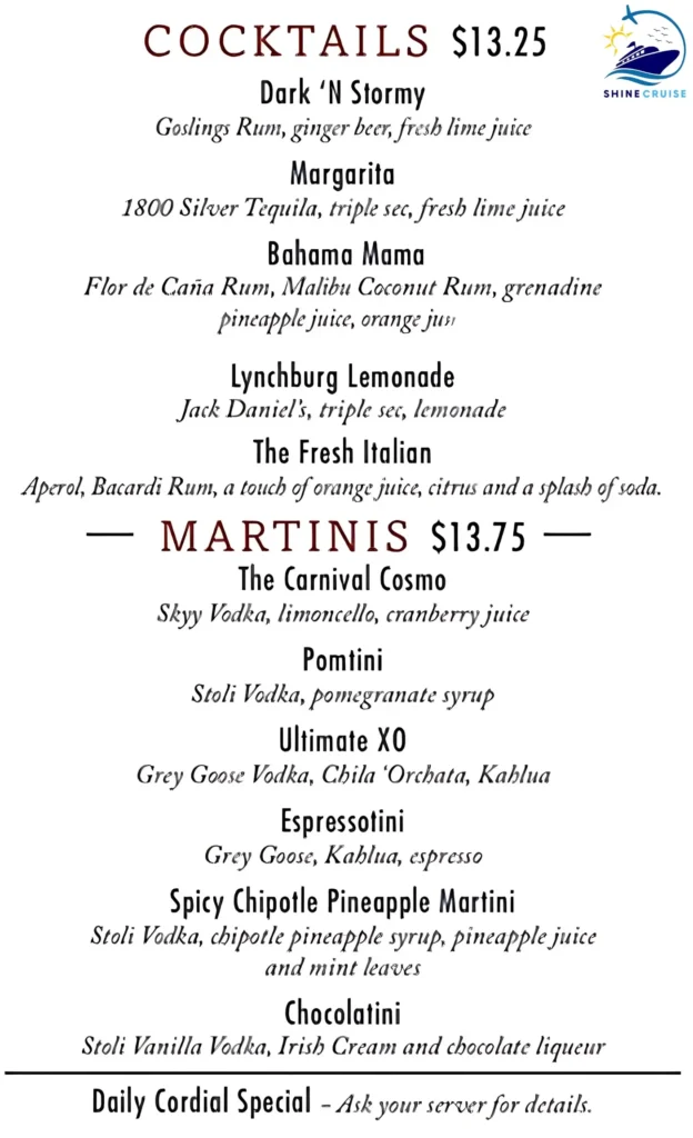Carnival Main Dining Room Cocktail menu