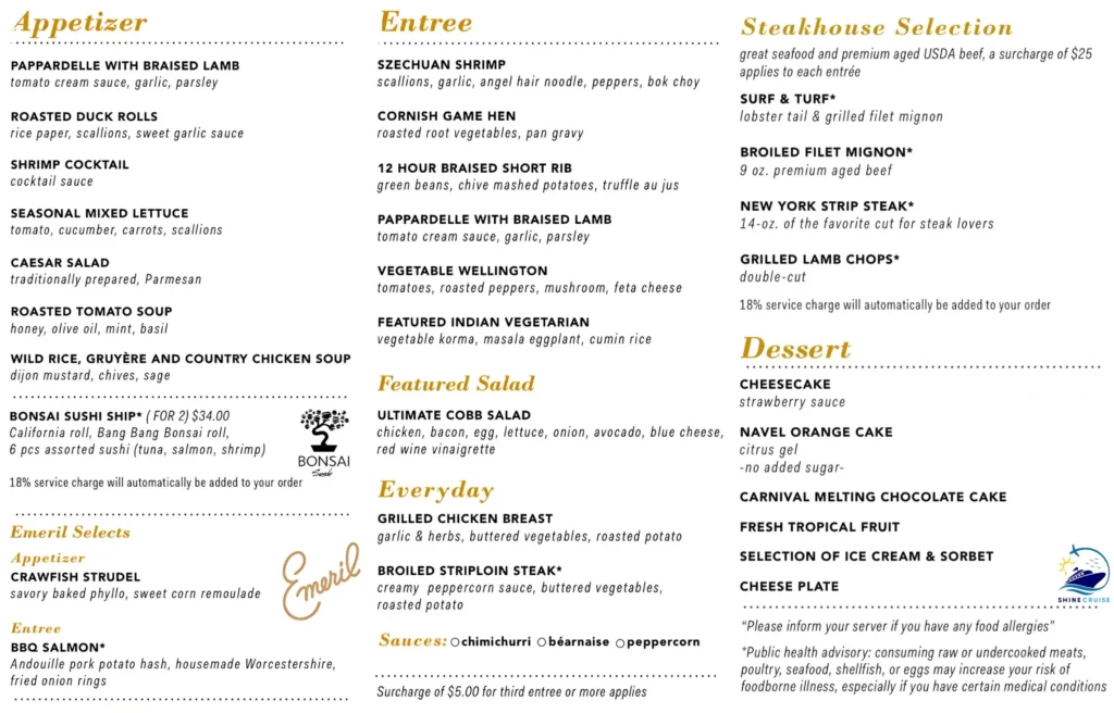New Carnival Dinner Menu 2025 for night 1