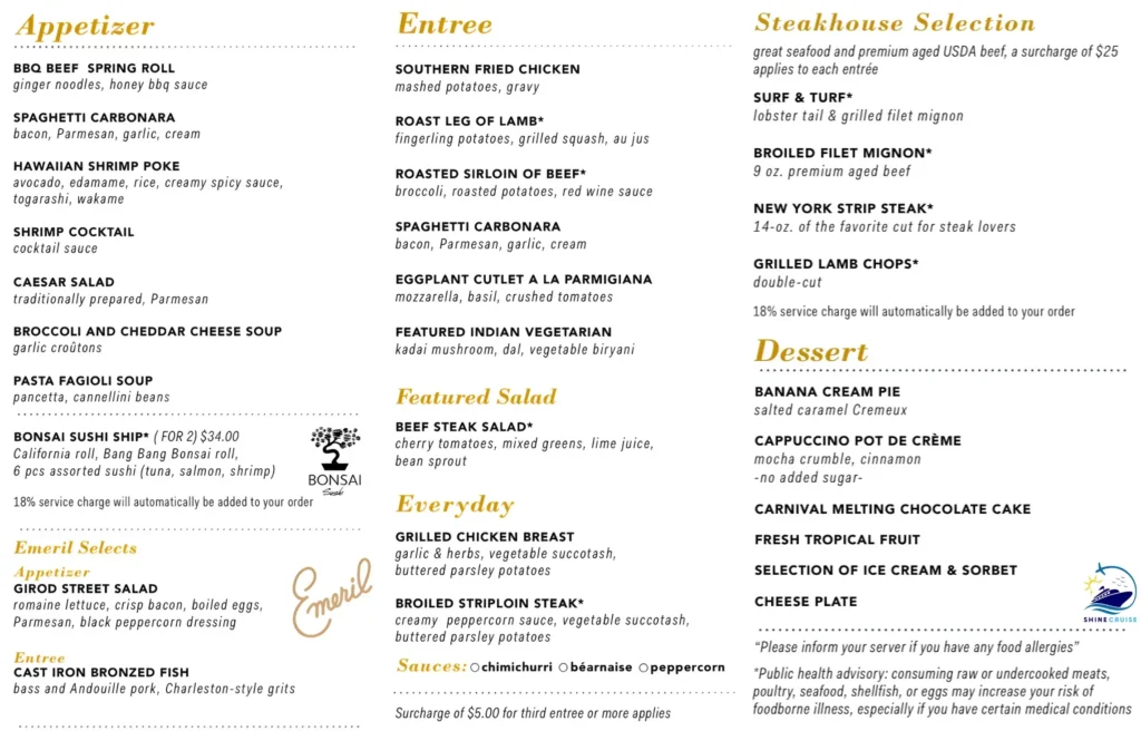 New Carnival Dinner Menu 2025 for night 3