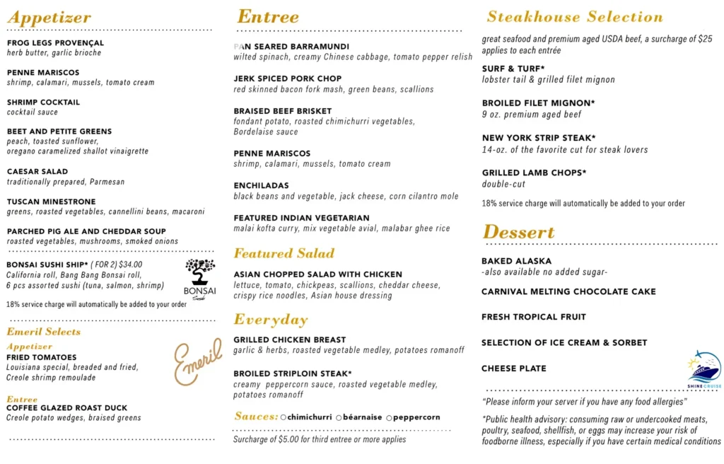 new Carnival Cruise Dinner Menu 2025 for night 6