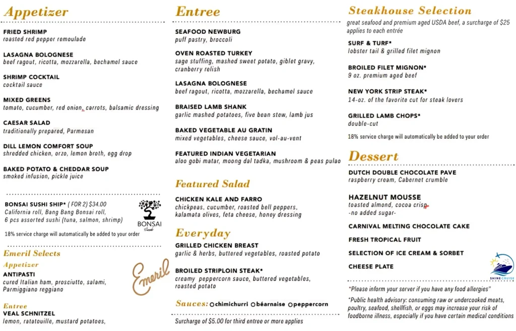 new Carnival Cruise Dinner Menu 2025 for night 8
