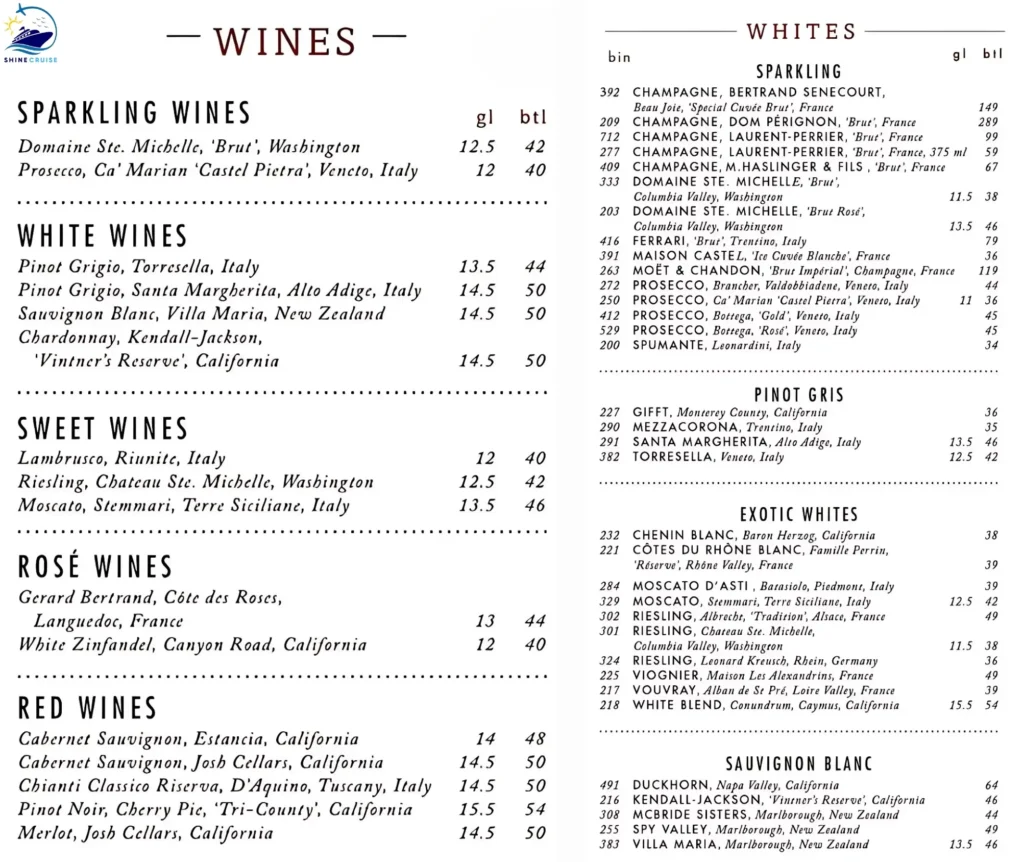 Carnival Main Dining Room Wine menu 1