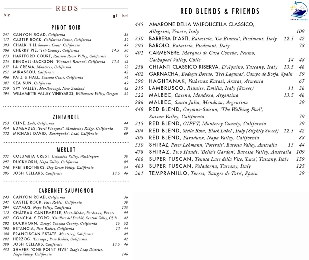 Carnival Main Dining Room Wine menu 2