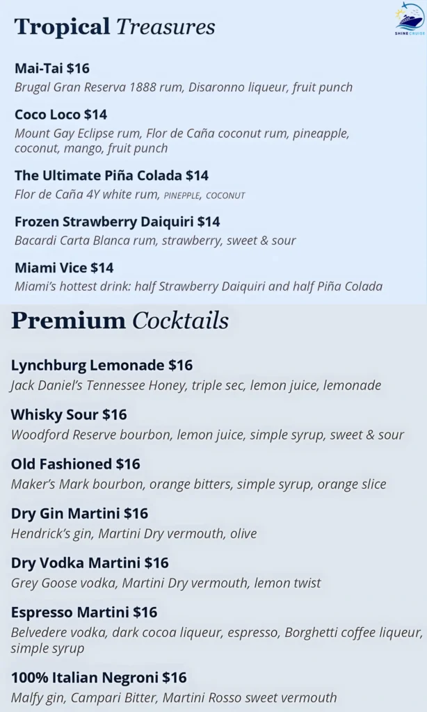 MSC Cocktails Menu 