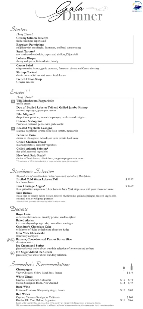 MSC Cruises Gala Night Menu