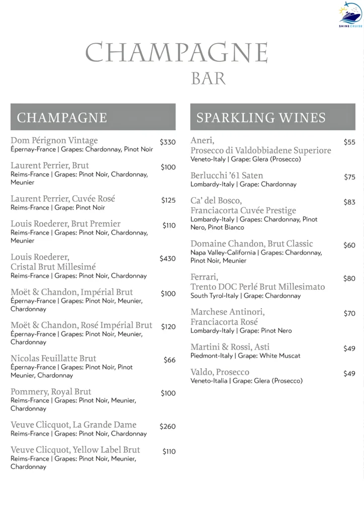 MSC Champagne Bar Menu 
msc drinks prices 2025 