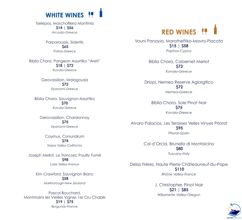 MSC Paxos Menu 
msc drink prices 2025 