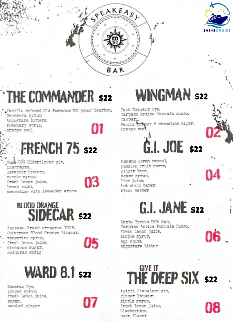 MSC Speakeasy Bar Menu 
drink prices on msc cruises 