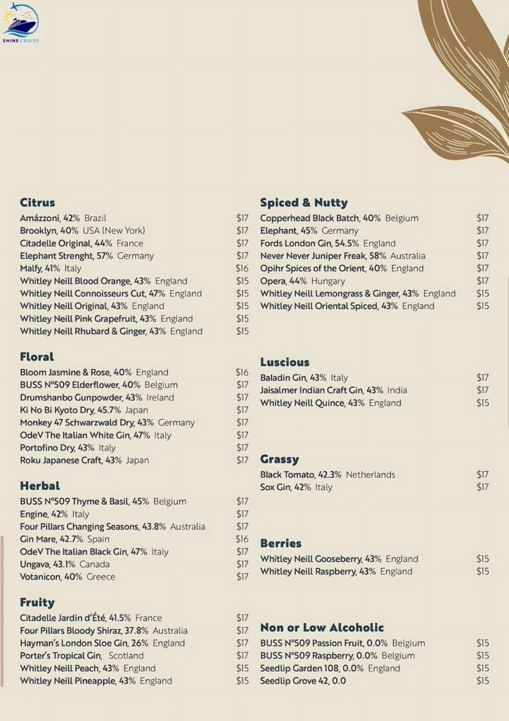 MSC The Gin Project Menu 
msc drink menu 2025 