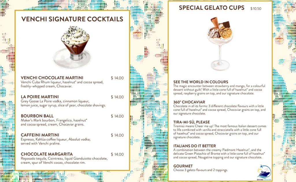 MSC Venchi 1878 Bar Menu 
msc cruise drink prices
