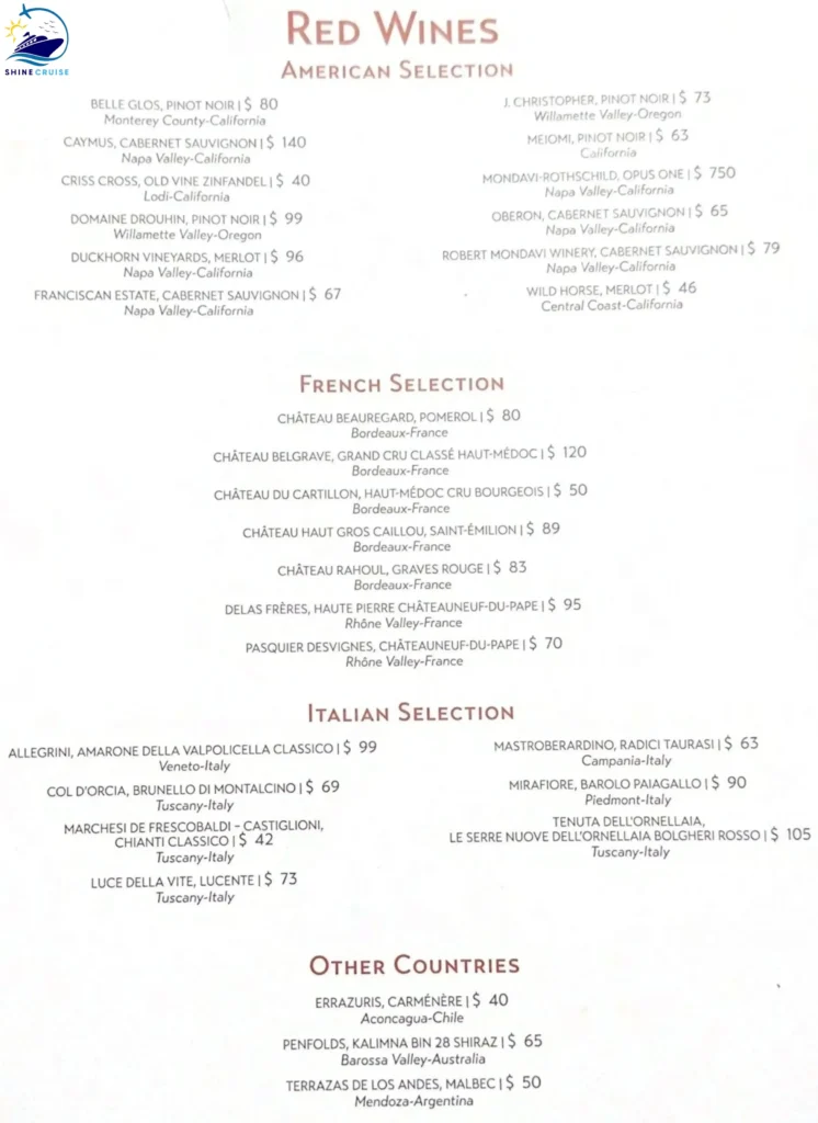 MSC Wine Bar Menu 
msc cruise drinks prices