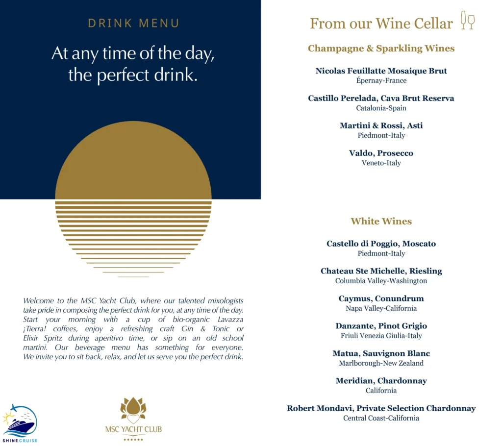 MSC Yacht Club Drink Menu 
msc bar menu 2025 