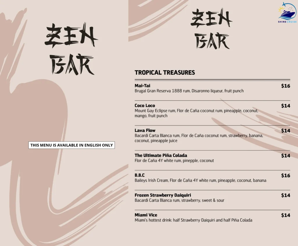 MSC Zen Bar Menu 
msc cruise drinks menu