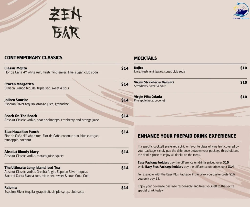 MSC Zen Bar Menu 
msc cruise drink prices