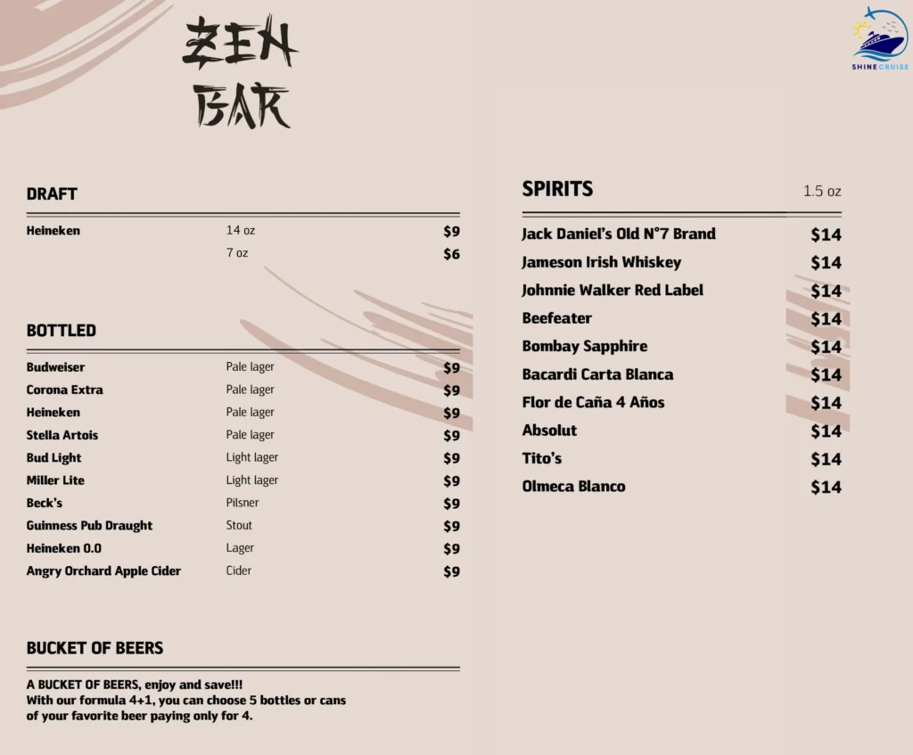 MSC Zen Bar Menu 
msc cruises drink price