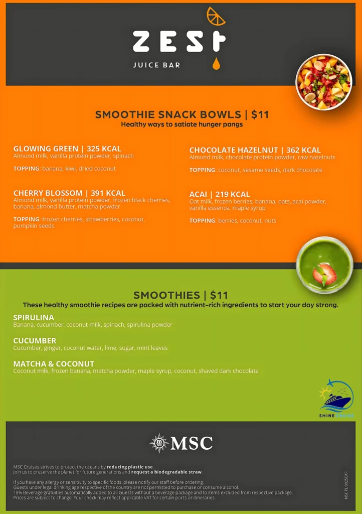 MSC Zest Juice Bar Menu 
msc cruises drink prices 2025 