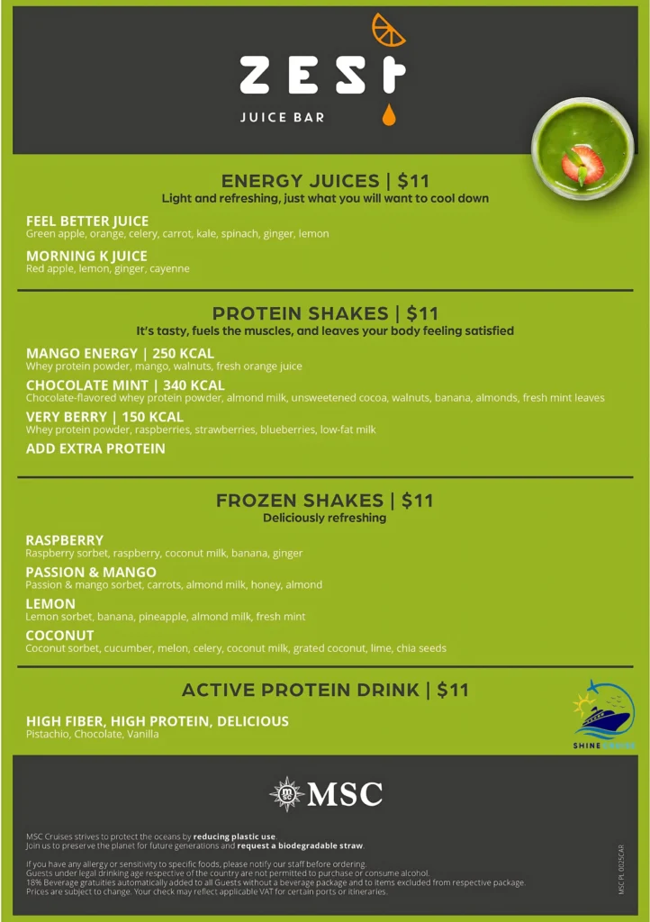 MSC Zest Juice Bar Menu 
msc cruise drinks menu