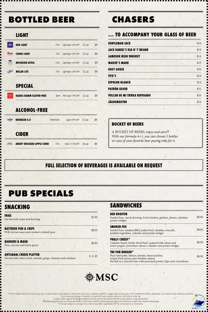 MSC Masters of the Sea Menu 
msc drink prices 2025 