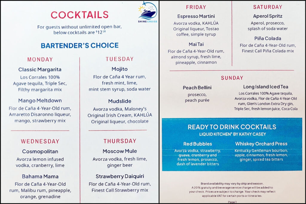 NCL More at Sea Drink Menu
NCL More at Sea Beverage Package
NCL More at Sea Drinks List
Unlimited Open Bar Package NCL Menus