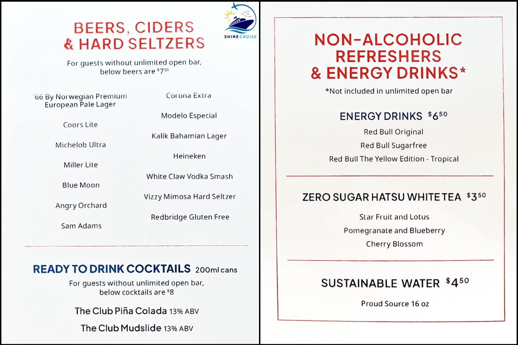 NCL More at Sea Drink Menu 2025 with Prices for all Ships