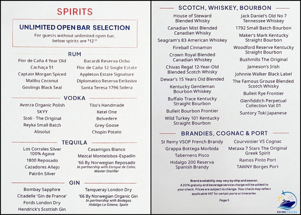 NCL More at Sea Drink Menu
NCL More at Sea Beverage Package
NCL More at Sea Drinks List
Unlimited Open Bar Package NCL Menus