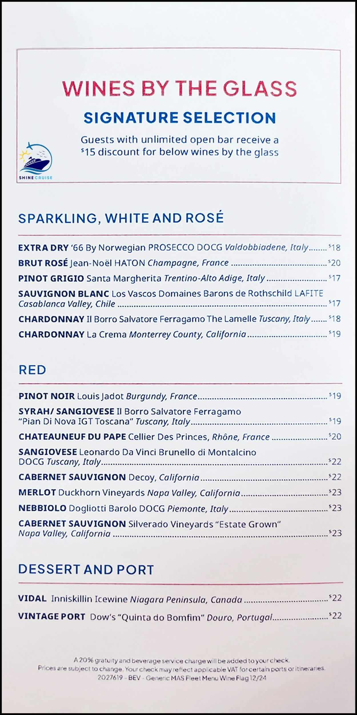 NCL More at Sea Drink Menu 2025 with Prices for all Ships