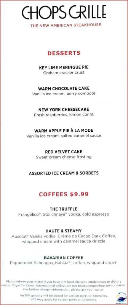 Royal Caribbean Chops Grille Dessert Menu