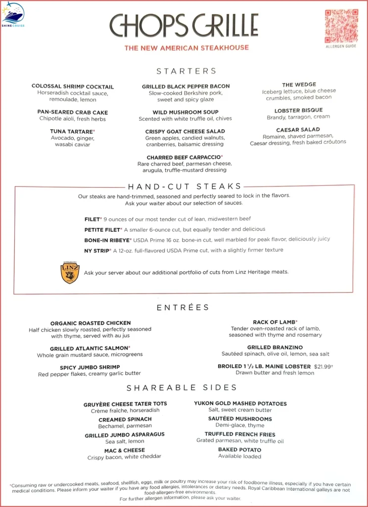Royal Caribbean Chops Grille Dinner Menu