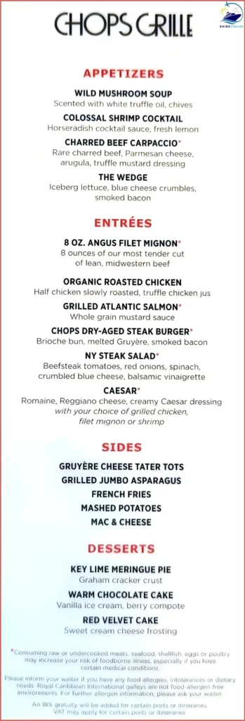 Royal Caribbean Chops Grille Lunch Menu