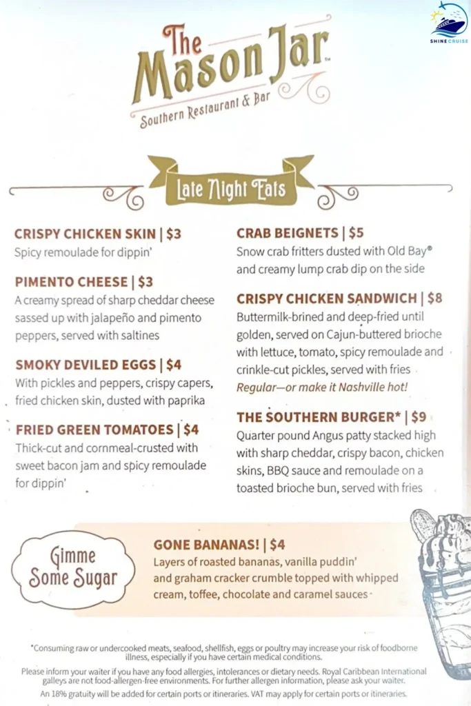 Royal Caribbean Mason Jar Late Night Snack Menu