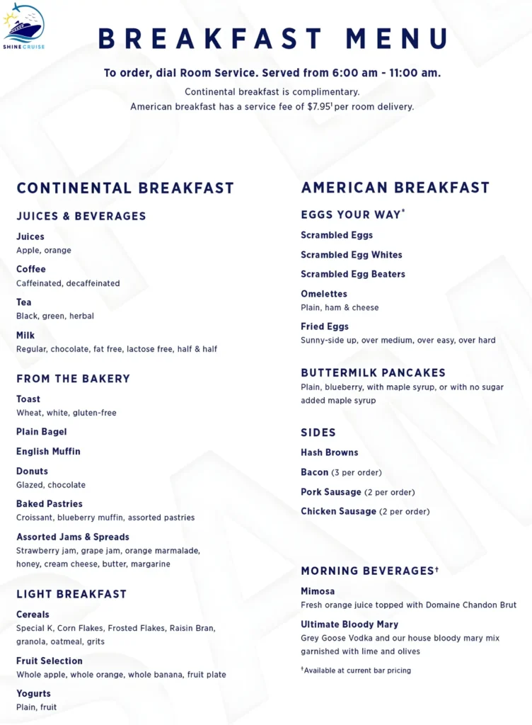 Royal Caribbean Room Service Breakfast Menu