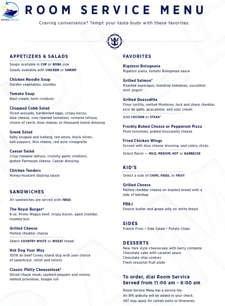 Royal Caribbean Room Service Menu with Prices For All Day
