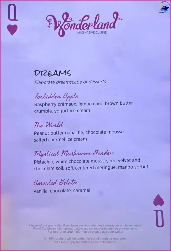 Royal Caribbean Wonderland Dessert Menu 