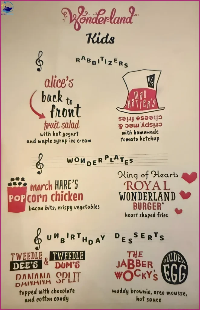 Royal Caribbean Wonderland Kids Menu 
