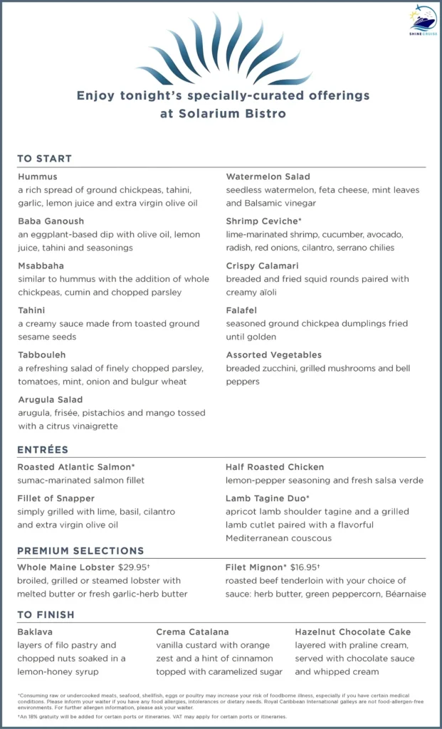 Royal Caribbean solarium bistro dinner menu