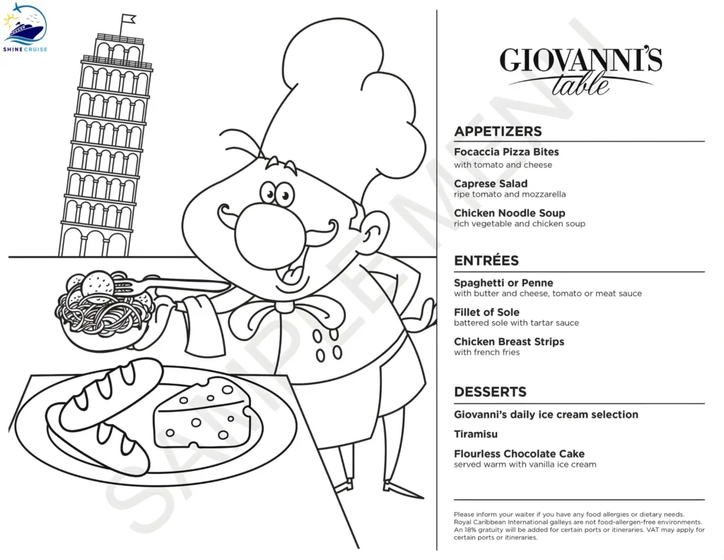 Royal Caribbean Giovanni's Table Kids Menu