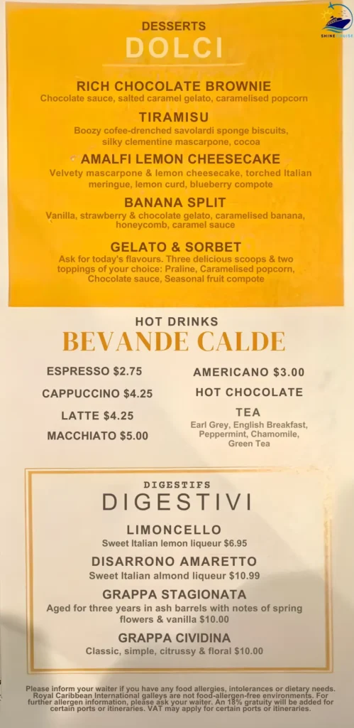 Jamie's Italian Royal Caribbean dessert menu