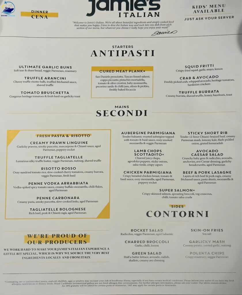 jamie's italian royal caribbean dinner menu