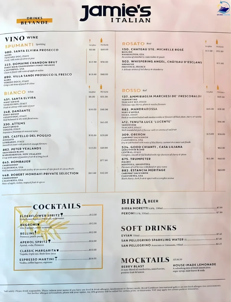 Royal Caribbean Jamie's Italian Drink Menu