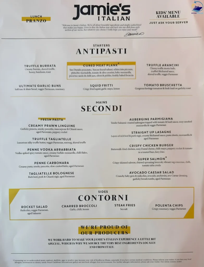 Jamie's Italian Royal Caribbean lunch menu