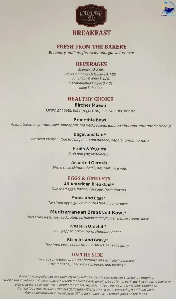 MSC Butcher's Cut Breakfast Menu