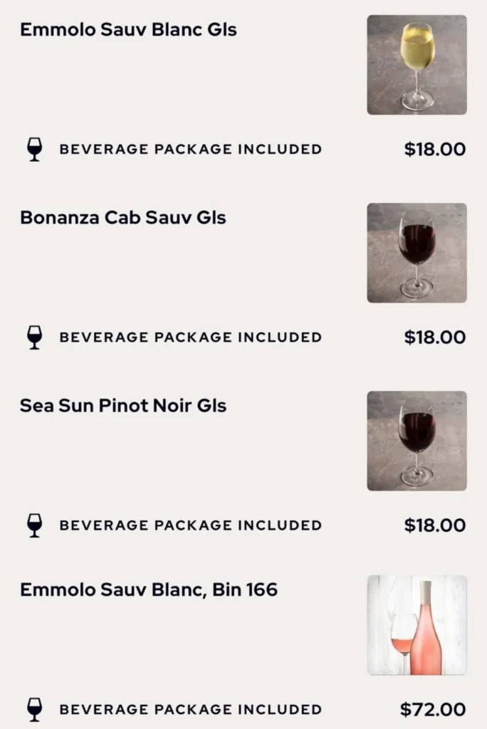 Princess Cruise Wine list for White Wine