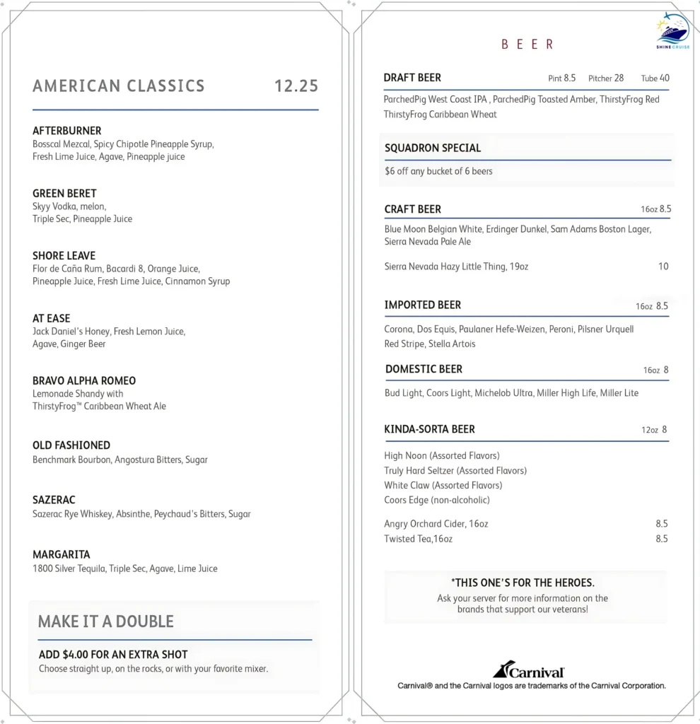 Hero's Tribute Lounge Carnival Cruise Drink Menu
carnival drink prices 2025