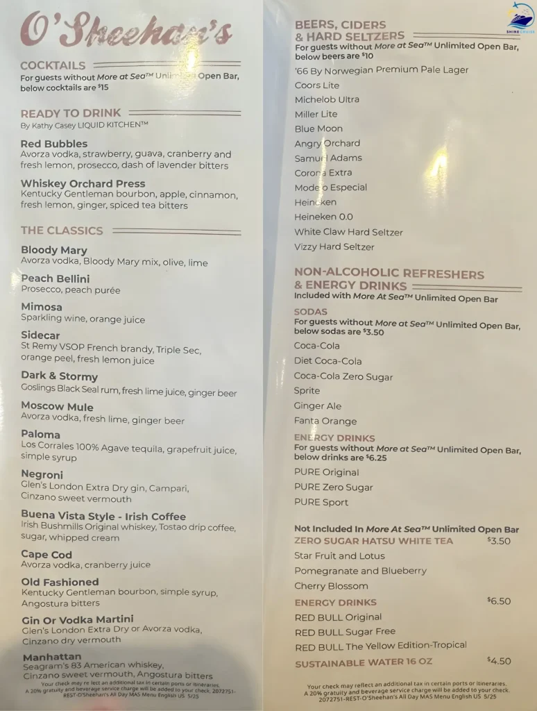 ncl o'sheehan's drink menu 1