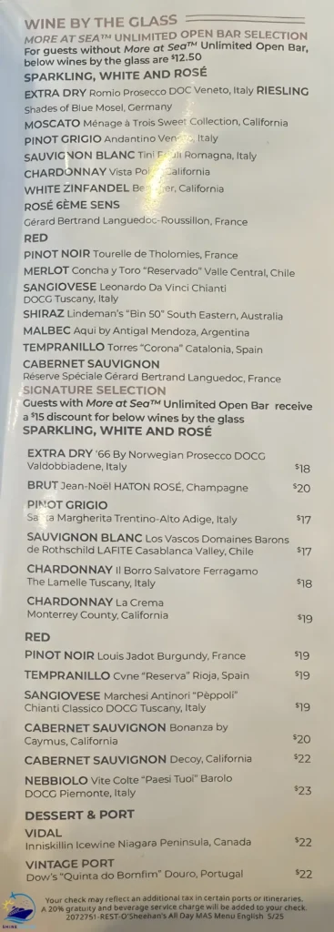 ncl o'sheehan's drink menu 2