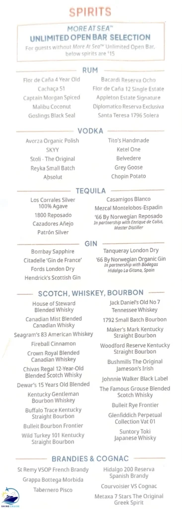 Unlimited Open Bar Package NCL Menus