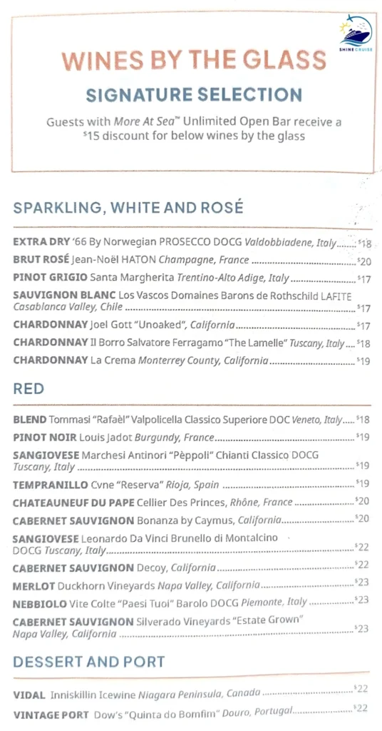 NCL More at Sea Drink Menu