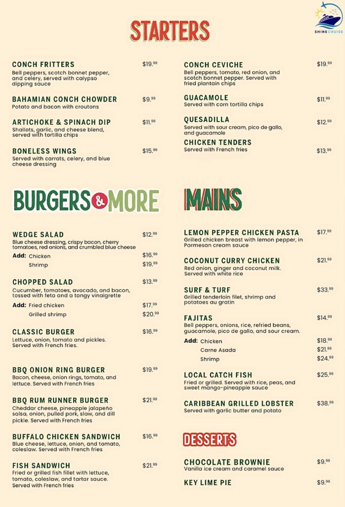 carnival's celebration key reviews
celebration key food menu
carnival celebration key food
celebration key food options
celebration key drink prices
celebration key menus