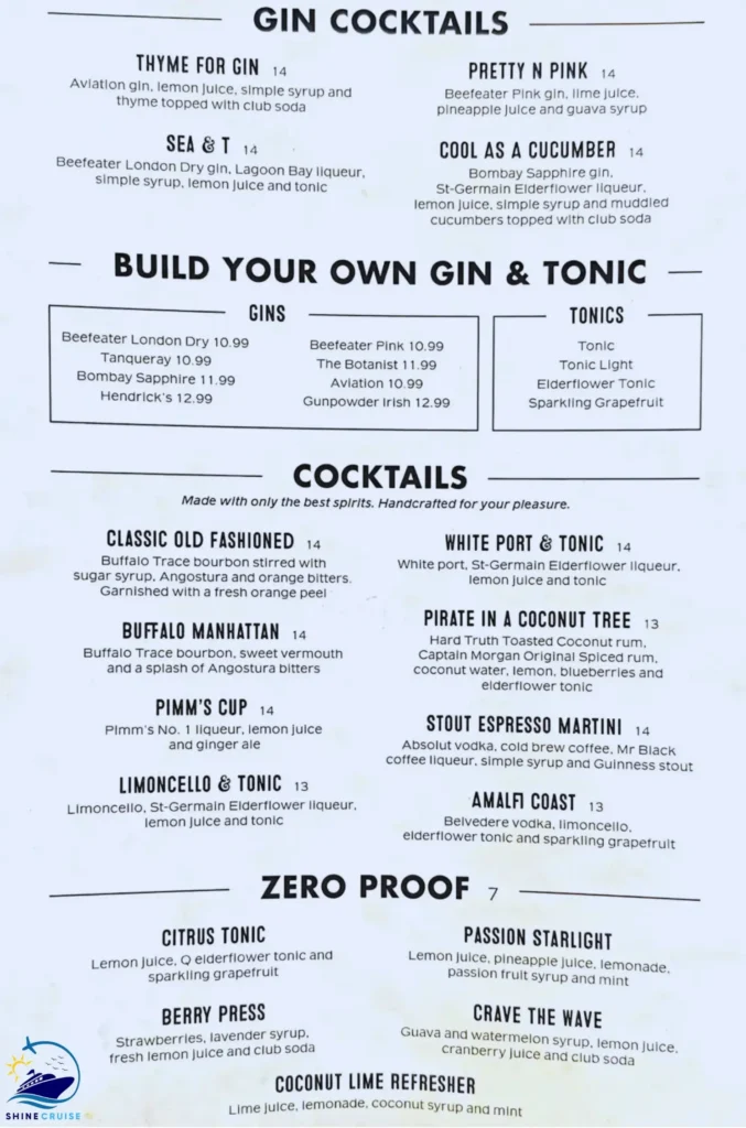 Royal Caribbean English Pub Menu