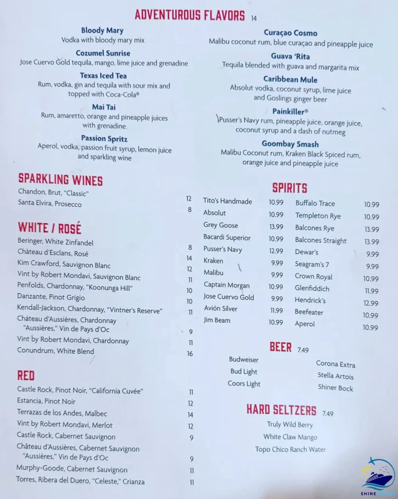 Royal Caribbean Galveston drink menu